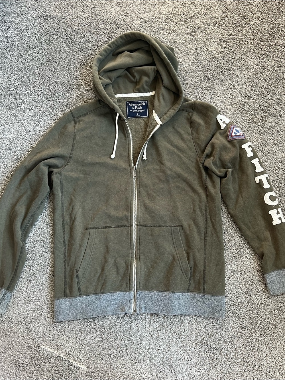 Abercrombie & Fitch Olive Green Zip Hoodie with Gray Trim